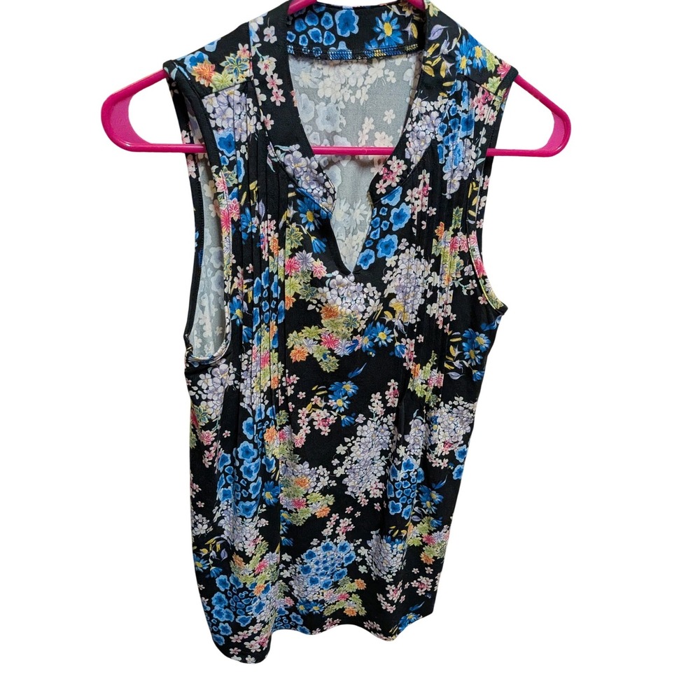Womens Black Floral Sleeveless Pleated V-Neck Blouse Blue Pink Flower Print Top